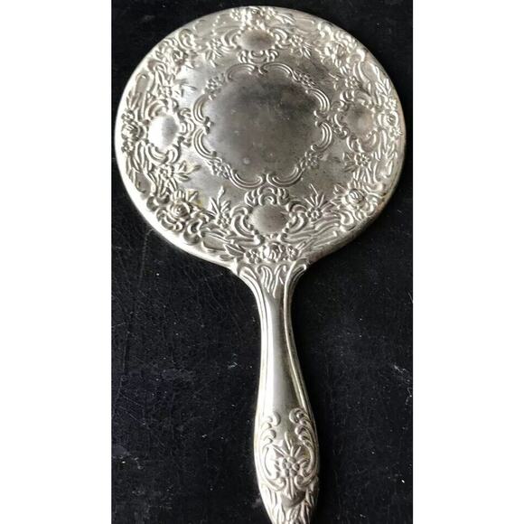 Accessories - Silver Plated Hand Mirror Aged Patina Embossed Round Floral Design Vintage Heavy
